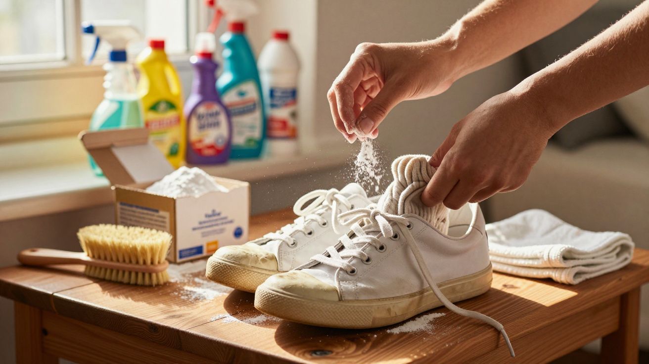 Pessoa polvilhando bicarbonato de sódio dentro de tênis branco para limpar, sobre mesa com produtos de limpeza.
