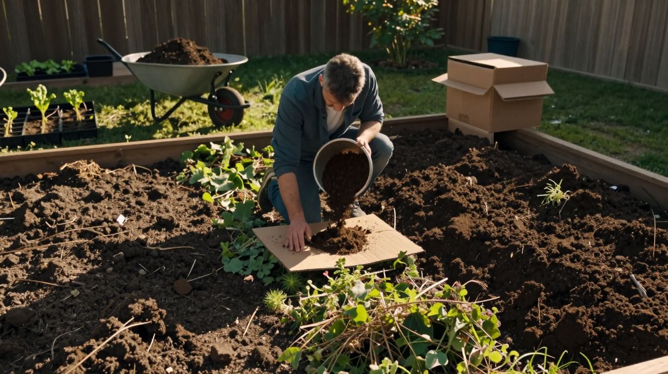 Homem despejando terra em canteiro de madeira para preparar jardim em área externa.