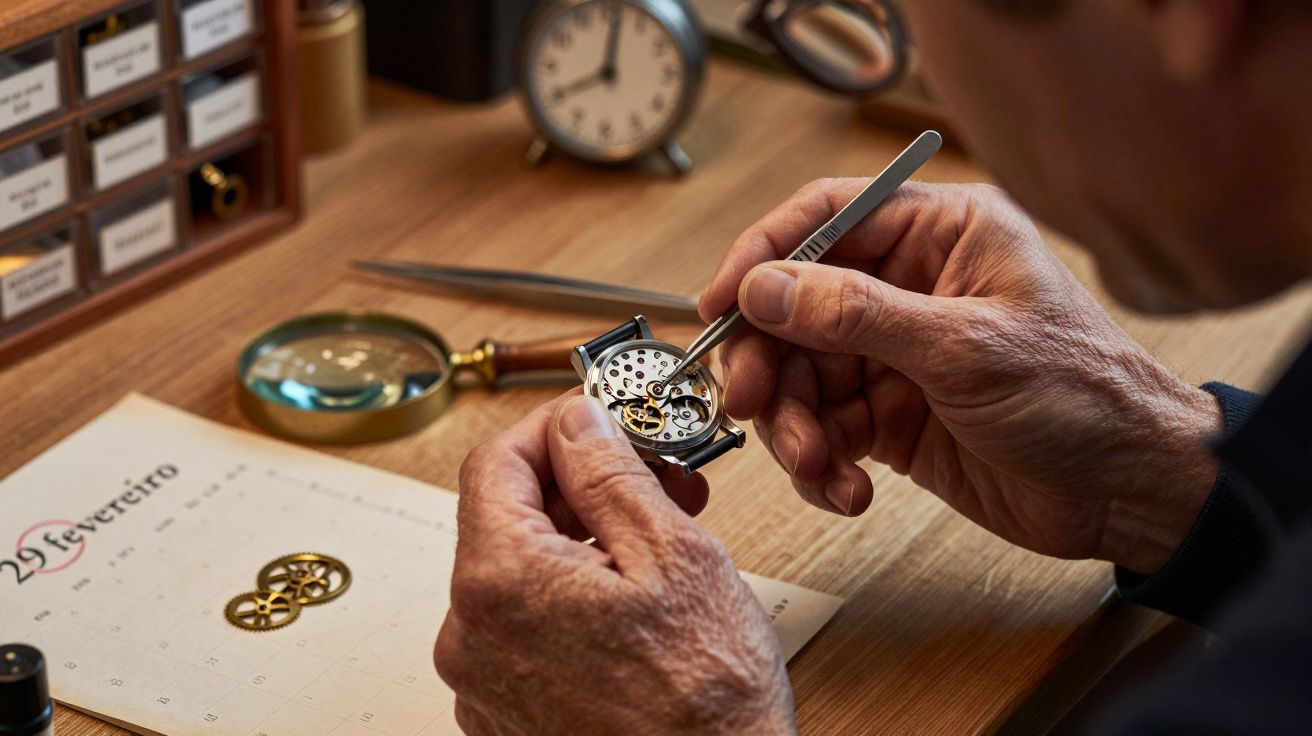 Pessoa ajustando o mecanismo interno de um relógio de pulso em uma bancada com ferramentas e calendário.