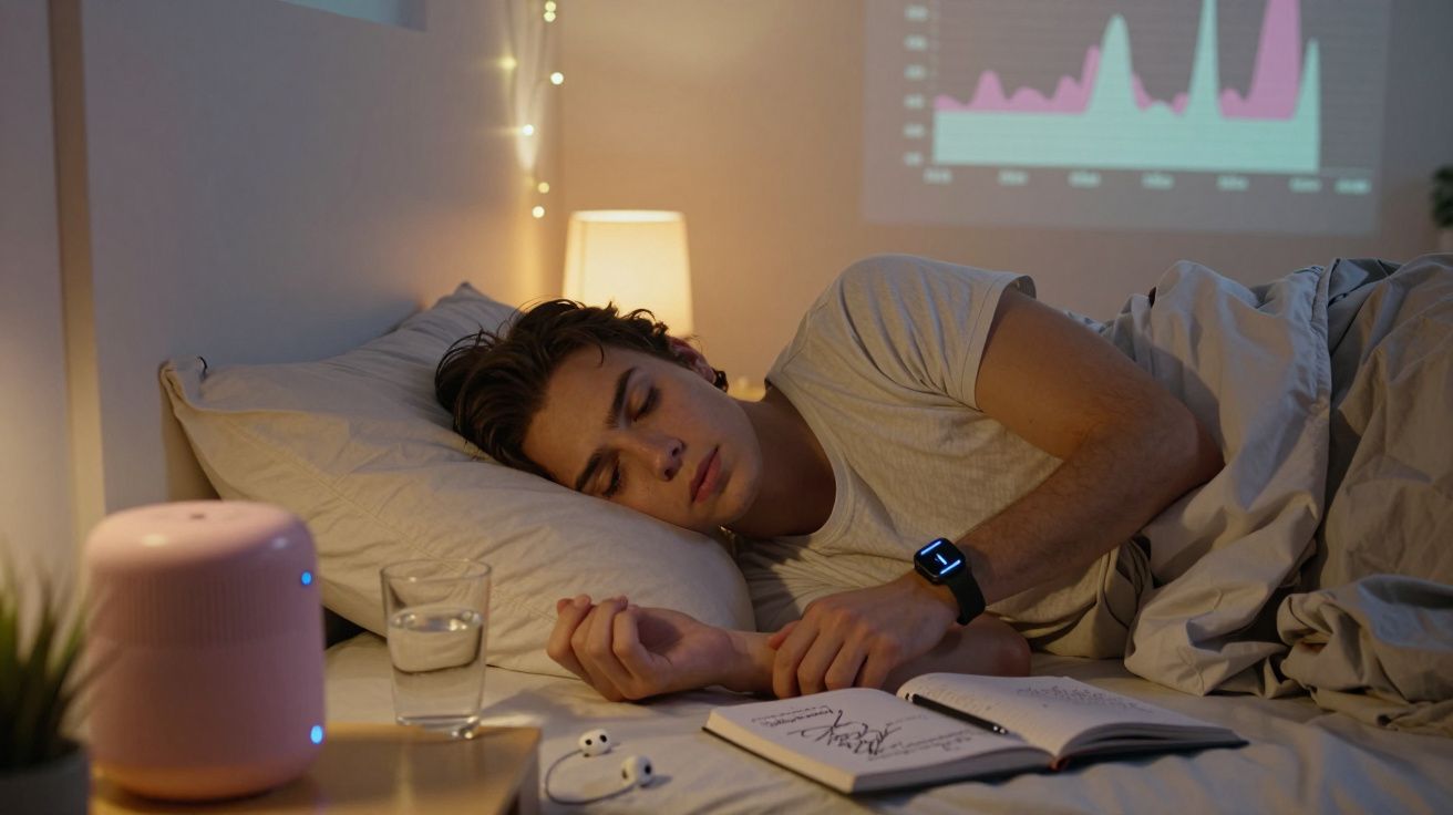 Jovem dormindo em cama com máquina sonora, copo d'água, caderno aberto e abajur aceso ao fundo.