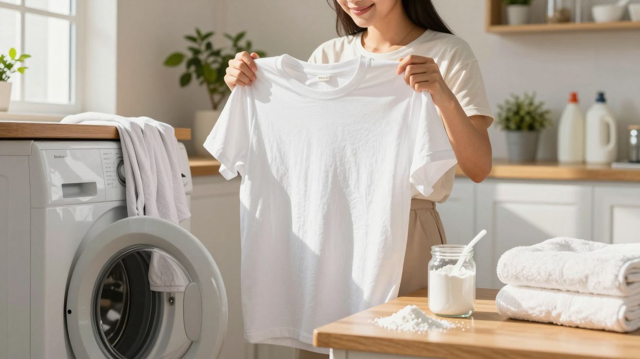 Mulher segurando camiseta branca recém lavada ao lado de máquina de lavar roupas e pote de sabão em pó.