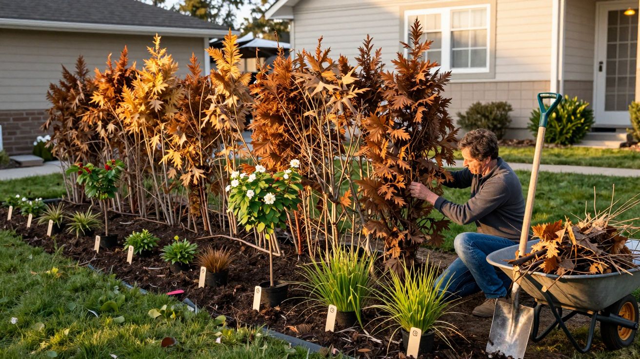 Homem cuidando de plantas em jardim com flores e arbustos dentro de quintal residencial ao entardecer.