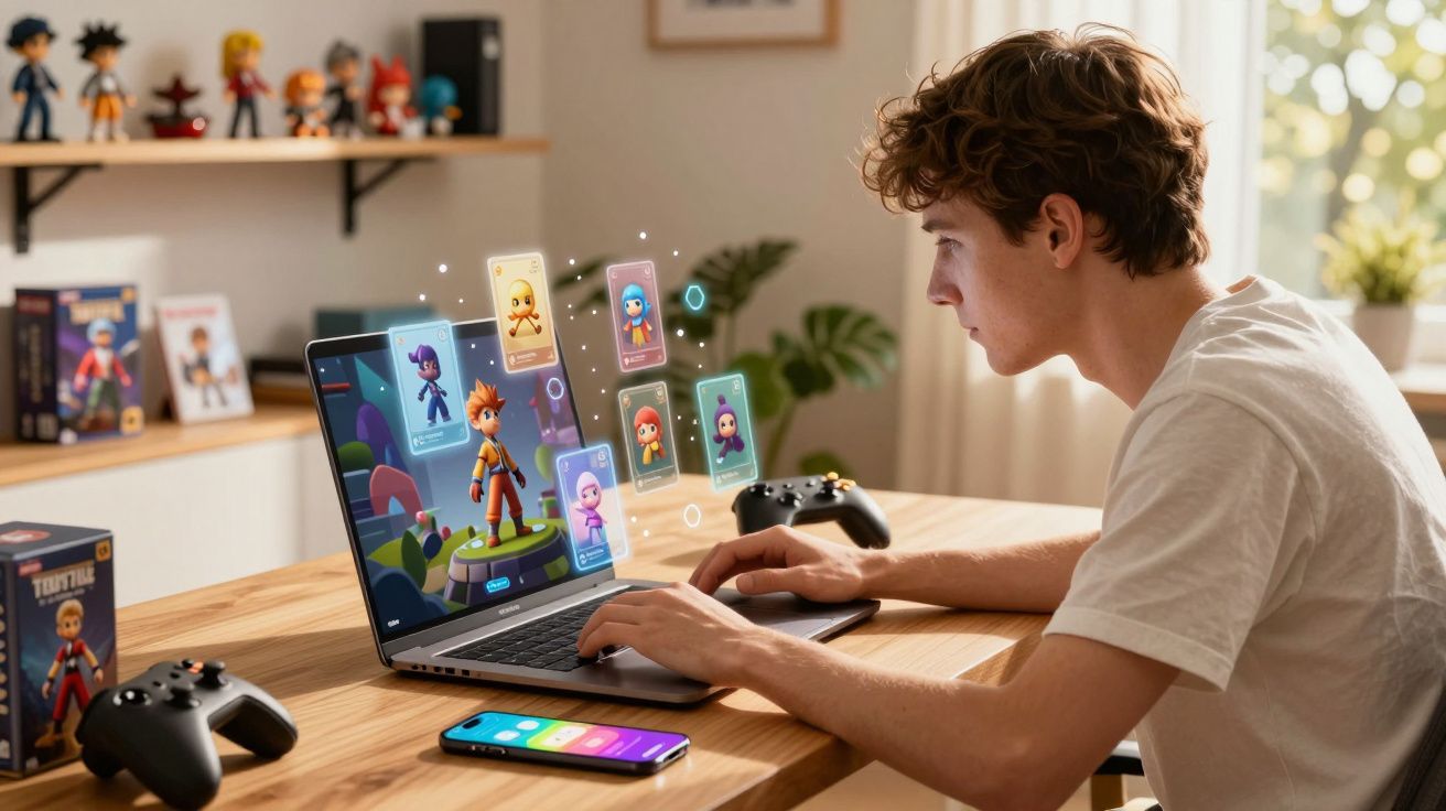 Jovem jogando videogame no laptop com personagens animados em realidade aumentada sobre a tela.