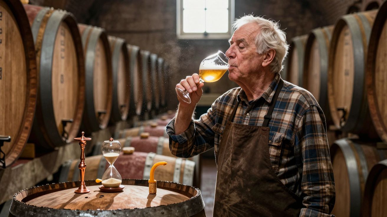 Homem idoso prova cerveja artesanal em adega com barris de madeira e ampulheta sobre barril.