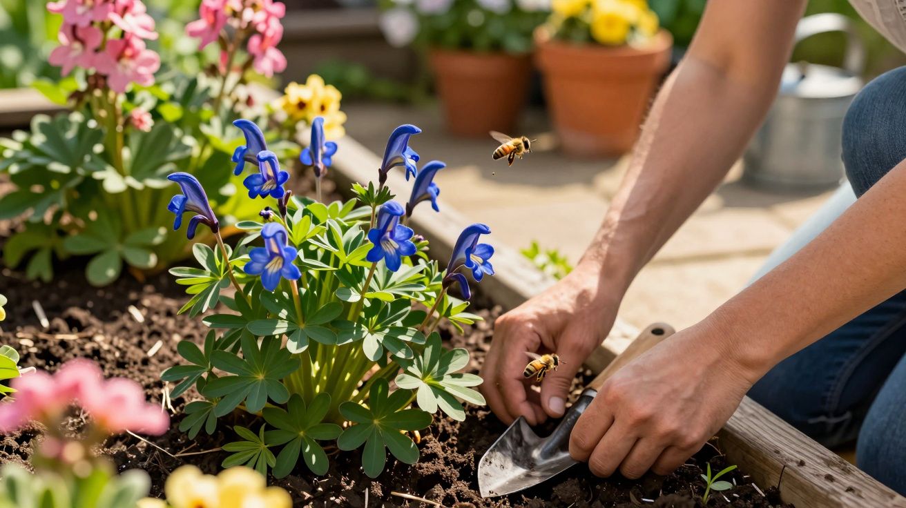 Mãos plantando flores em canteiro com duas abelhas voando e outras flores ao fundo desfocado.