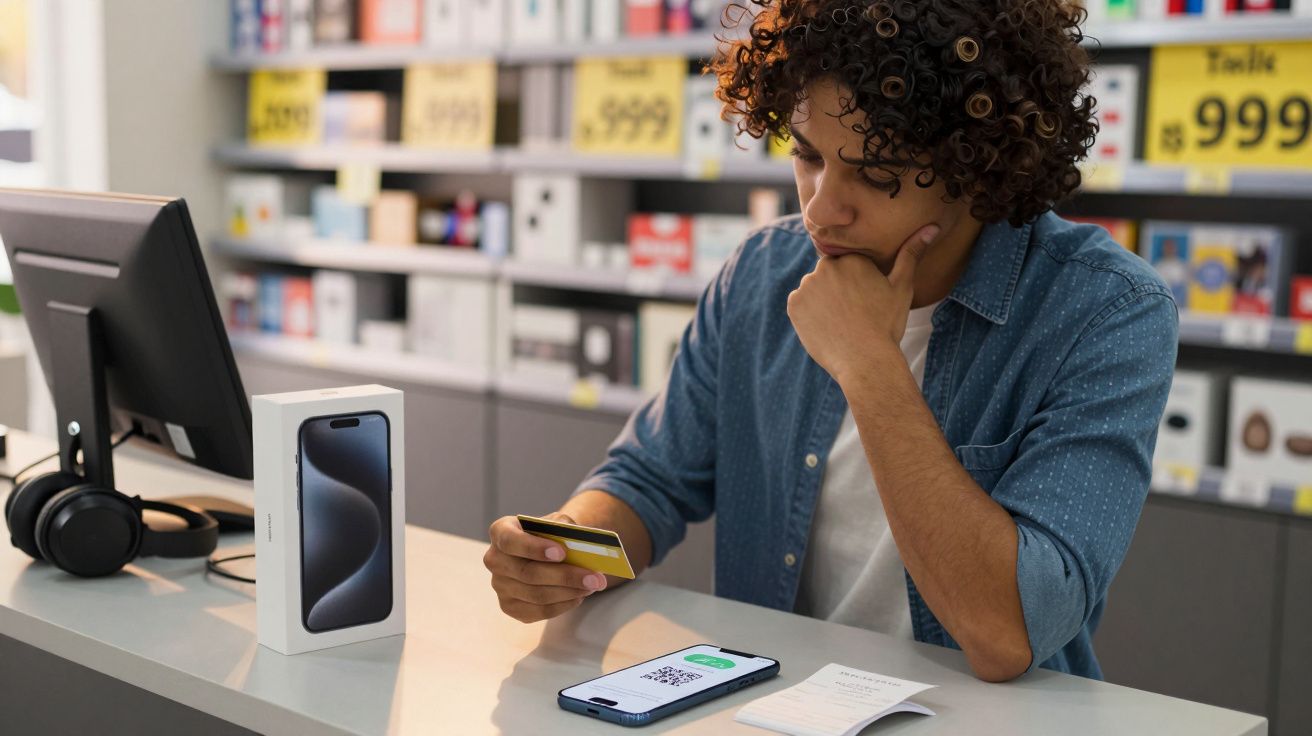 Jovem em loja de eletrônicos segurando cartão de crédito, olhando para celular com QR code na tela.