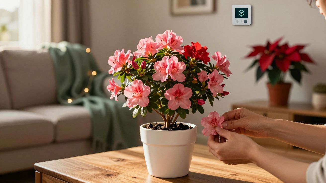 Vaso branco com flor azaleia rosa em vaso na mesa de madeira, mão feminina cuidando da planta em sala iluminada.