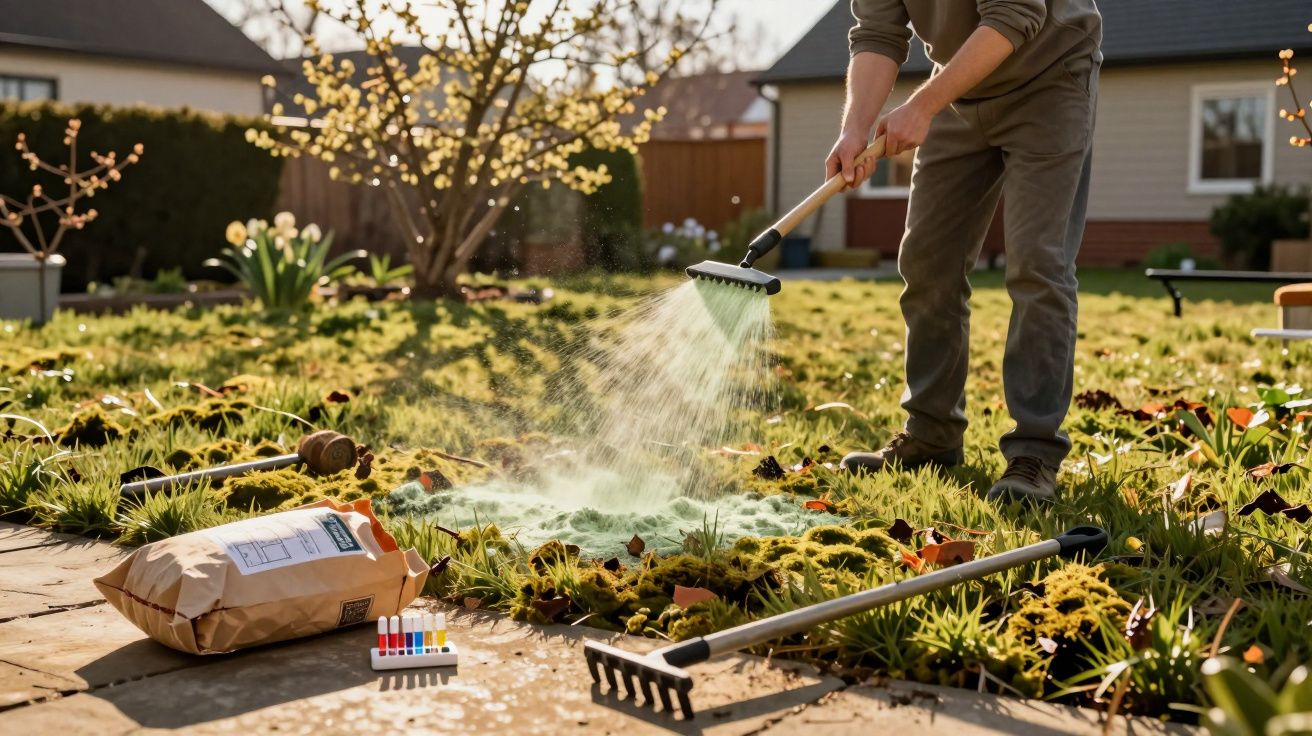 Pessoa aplicando fertilizante em plantas do jardim em dia ensolarado, com ferramentas e kit de teste no chão.