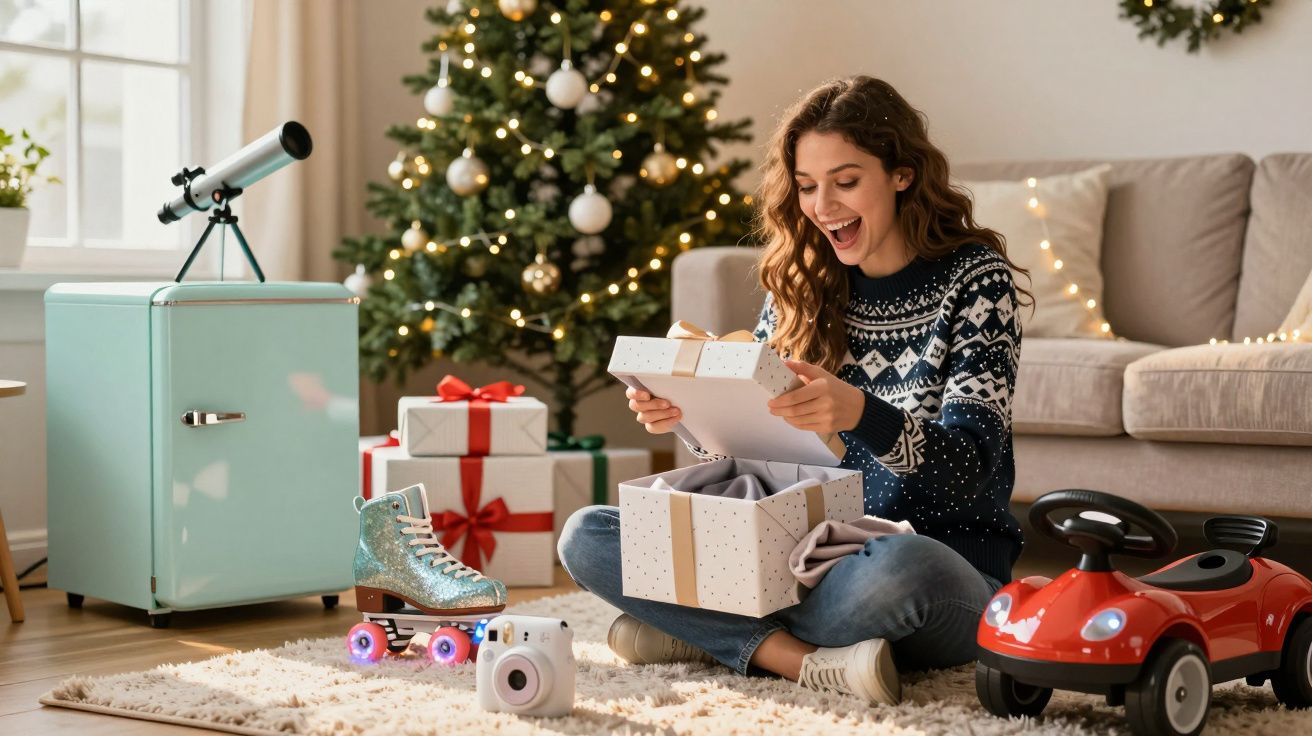 Jovem feliz abre presente de Natal sentada no chão, com árvore e brinquedos ao redor.