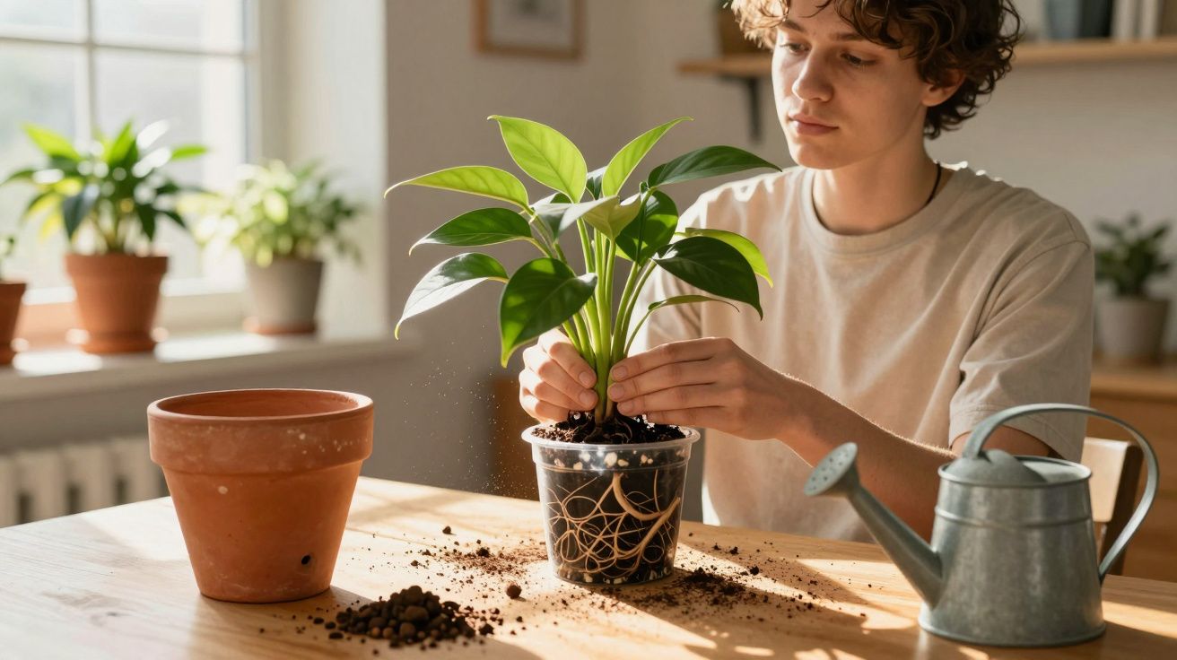 Pessoa transplantando planta em vaso transparente com regador e terra em mesa de madeira.