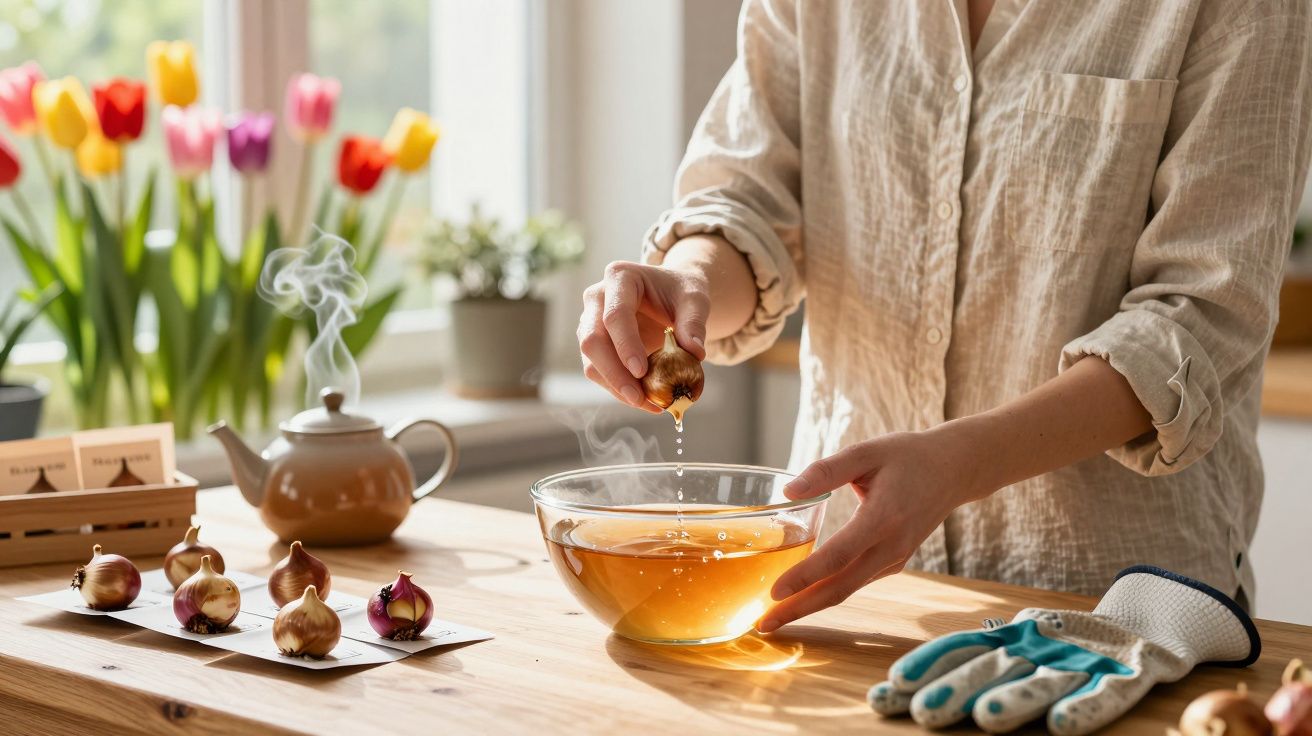 Pessoa colocando bulbos em tigela com água em mesa de madeira, com flores e chaleira ao fundo.