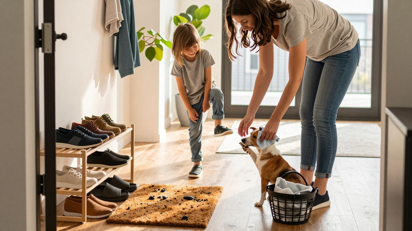 Mulher e criança no hall de entrada limpam um cachorro após ele sujar o tapete da casa.