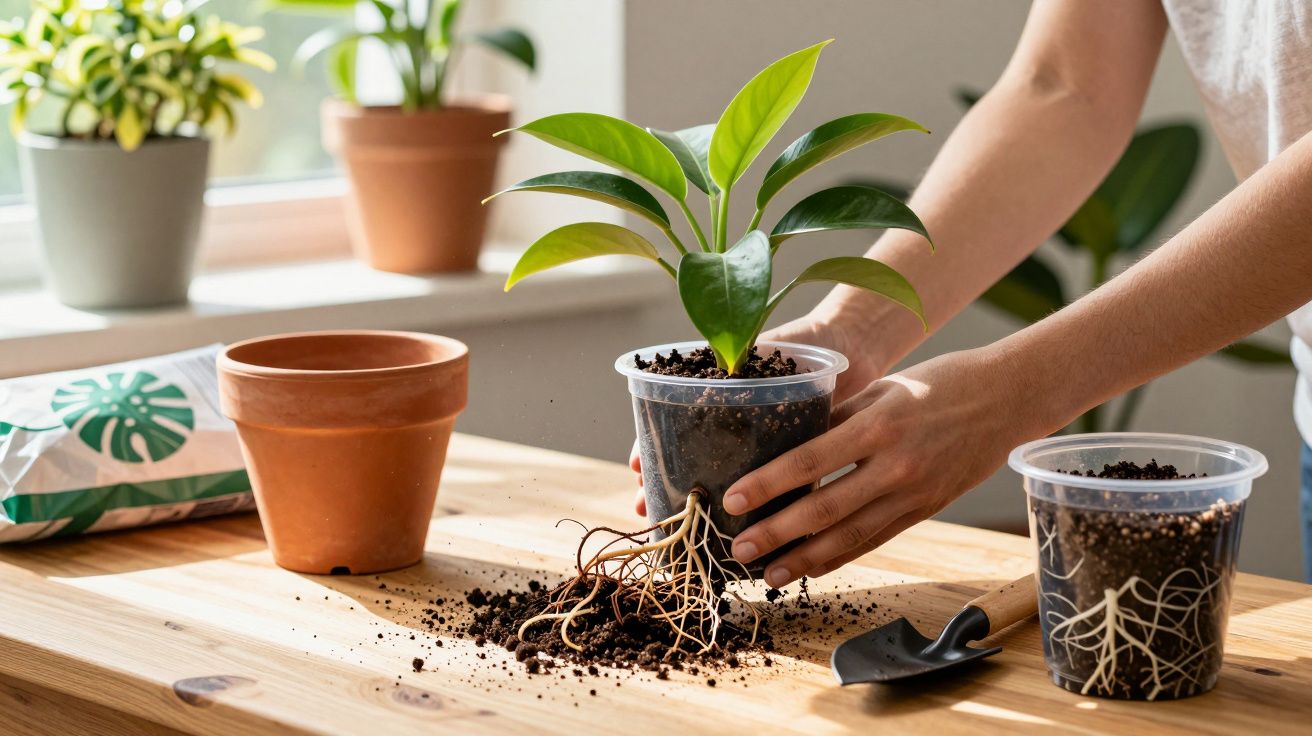 Pessoa transplantando muda com raízes visíveis em vaso plástico sobre mesa de madeira perto de janela.