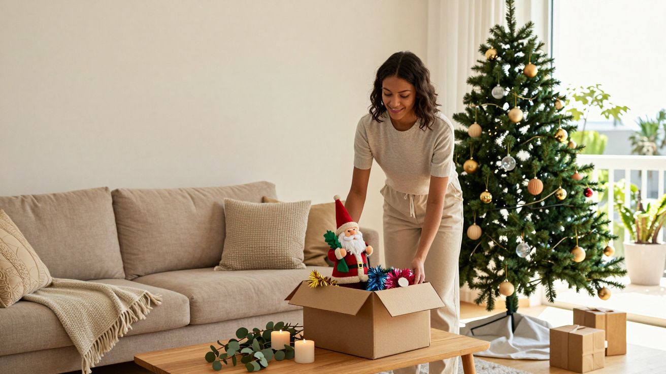 Mulher arrumando enfeites natalinos em caixa perto da árvore de Natal na sala.