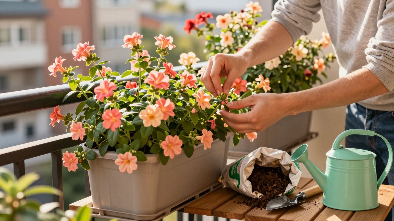 Pessoa cuidando das flores cor-de-rosa em vasos na varanda com regador e terra ao lado.
