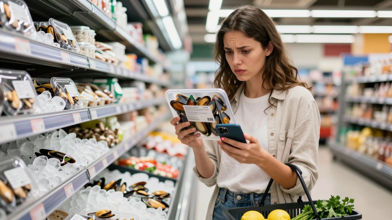 Mulher no supermercado olhando embalagem de frutos do mar com expressão preocupada.
