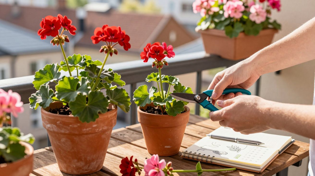 Pessoa cuidando de gerânios vermelhos em vasos no parapeito ensolarado de uma varanda.
