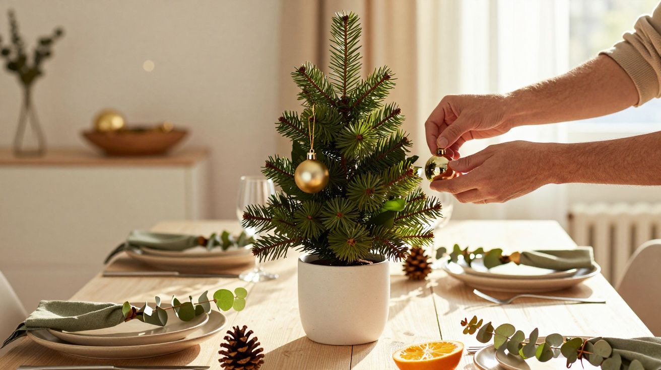 Pessoa decorando árvore de Natal pequena com bolas douradas em mesa com prato e folhagens verdes.