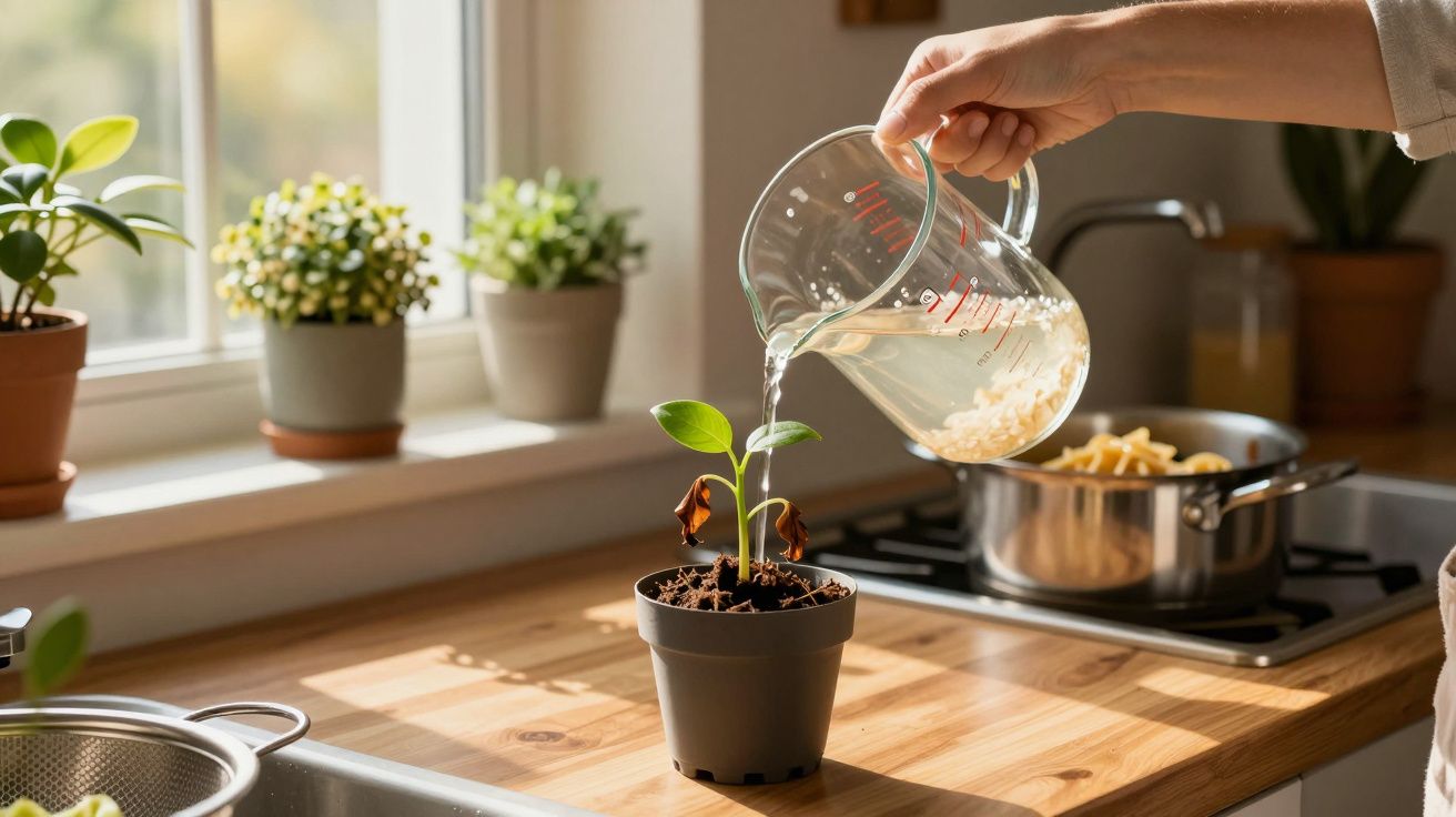 Pessoa regando planta pequena em vaso na bancada de cozinha perto da janela ensolarada.