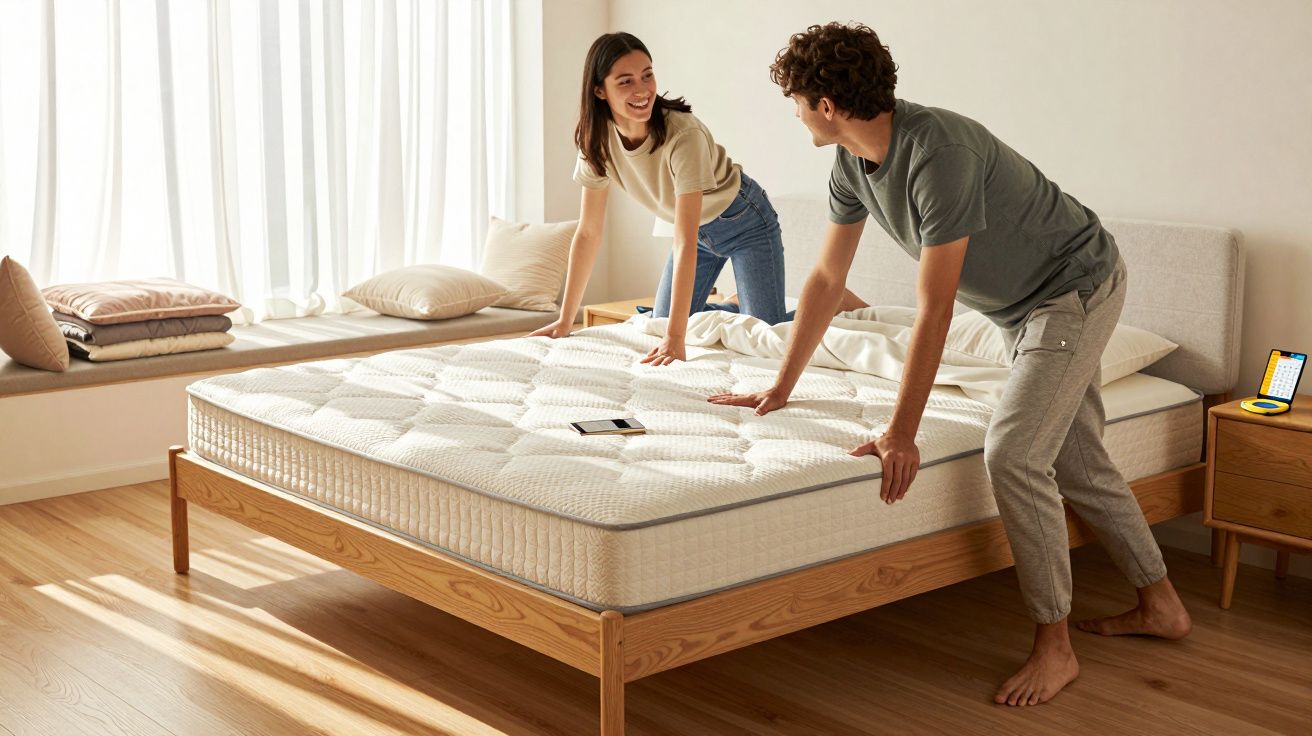 Casal sorridente montando colchão em quarto ensolarado com cama de madeira e piso de madeira claro.