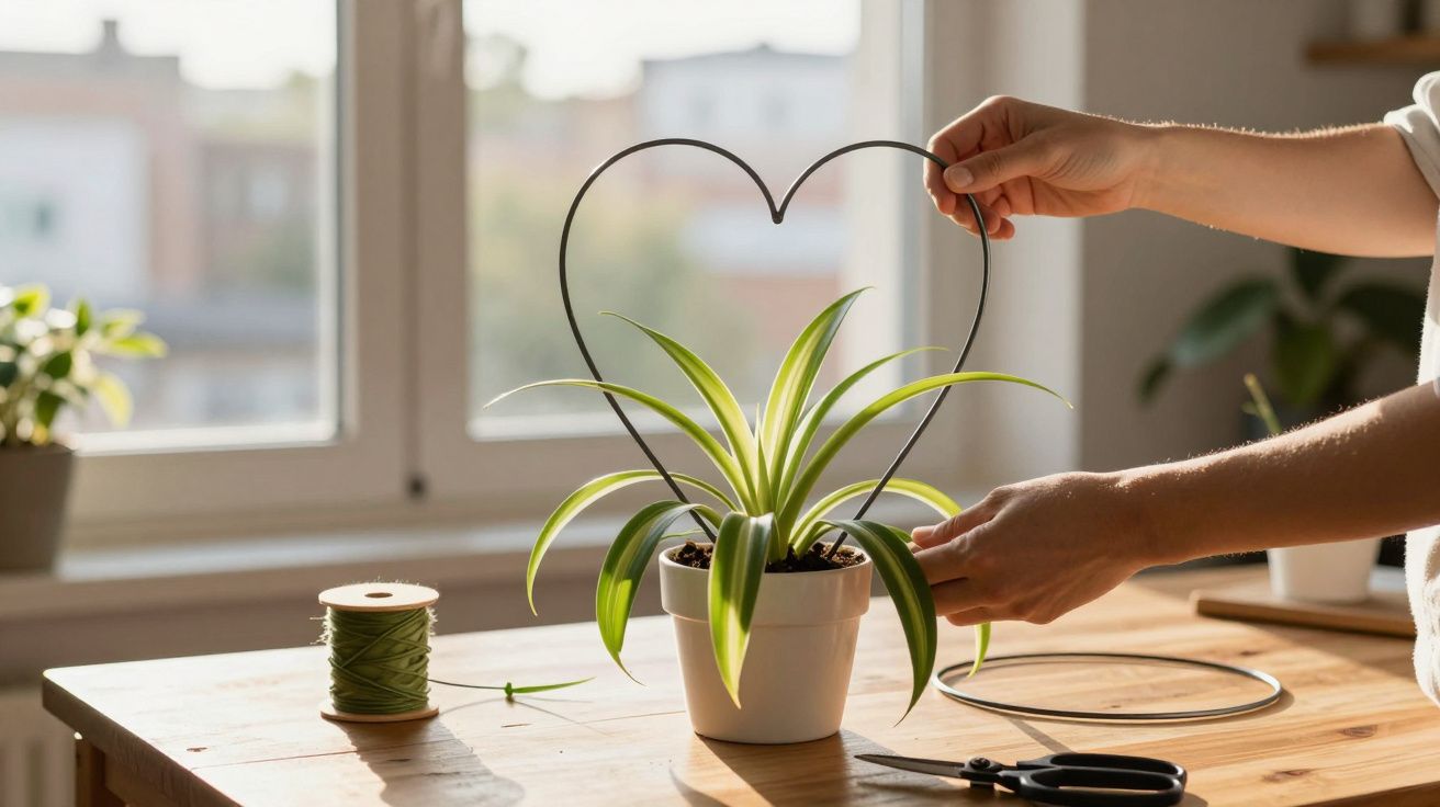 Mãos seguram um suporte em forma de coração para planta em vaso branco sobre mesa de madeira.