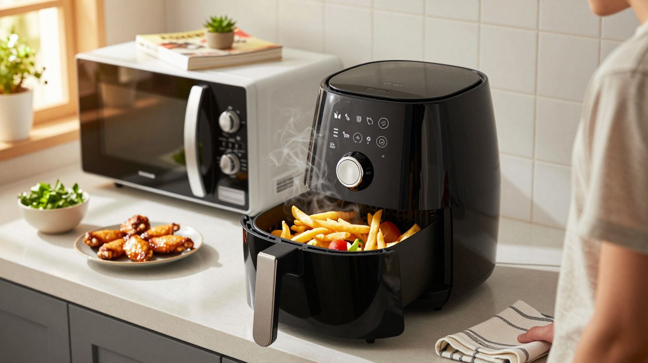 Torradeira elétrica preta aberta com batatas fritas quentes soltando vapor em bancada de cozinha.