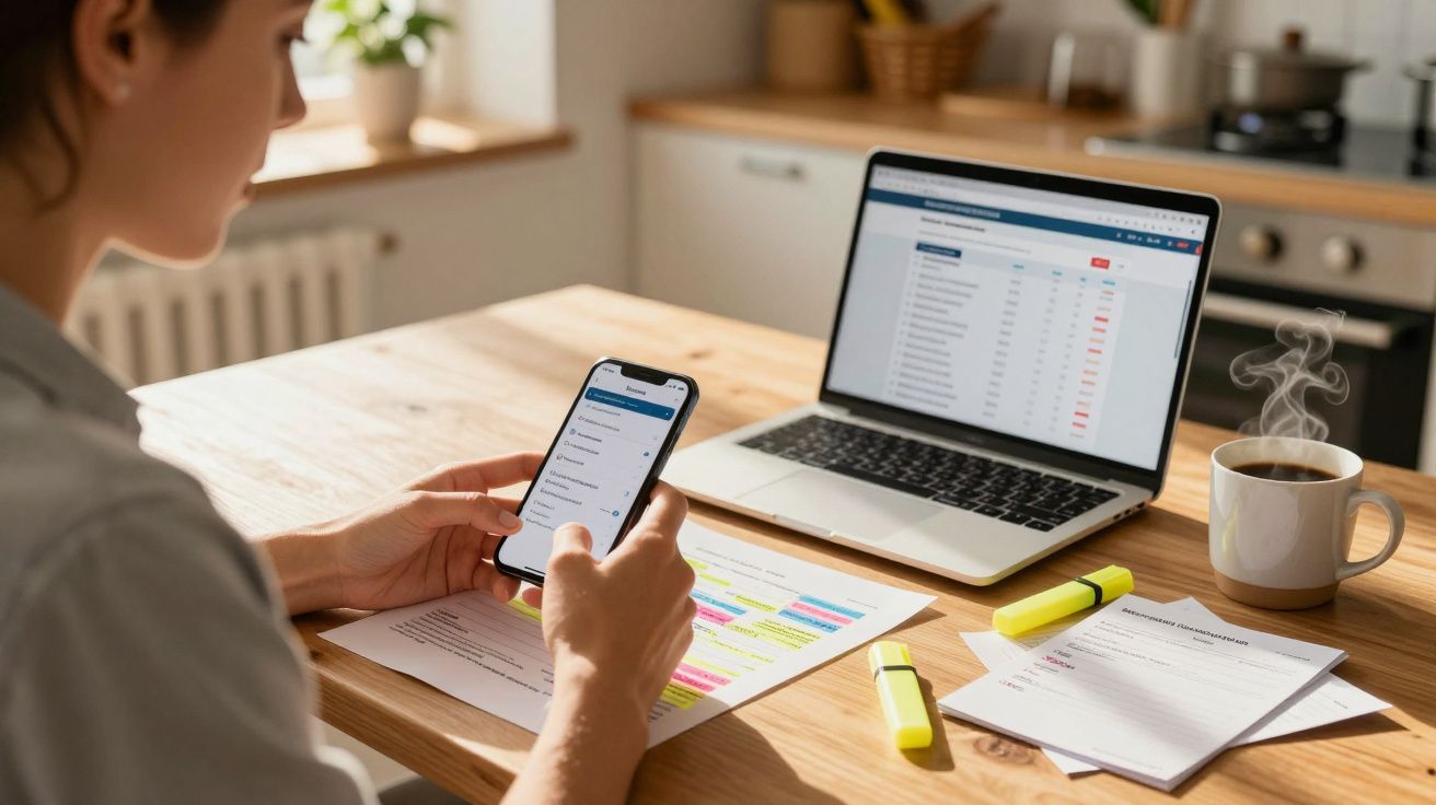 Pessoa trabalhando em mesa com laptop, papéis, marcadores amarelos e café quente, usando smartphone na cozinha.