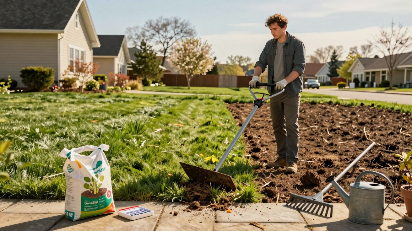 Homem usando enxada para capinar jardim em área externa de casa em dia ensolarado.