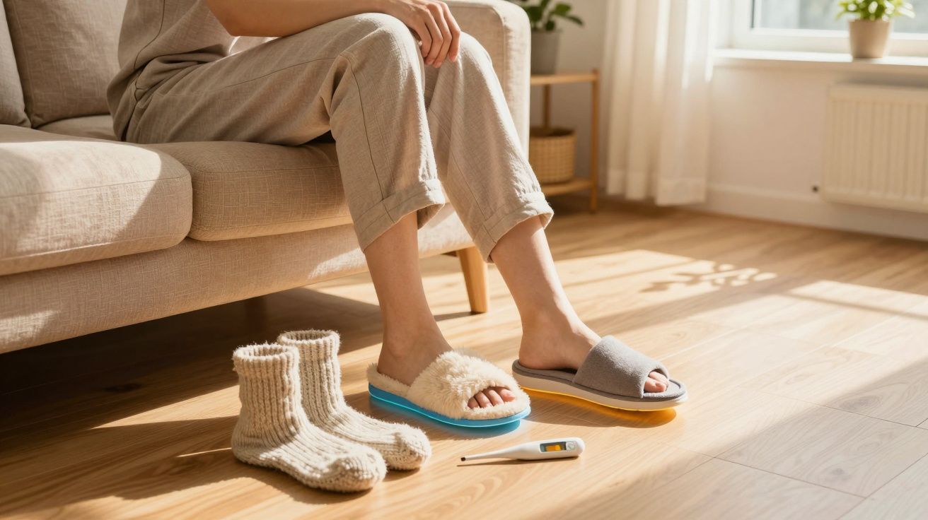 Pessoa sentada no sofá usando pantufas diferentes e com termômetro digital próximo no chão.