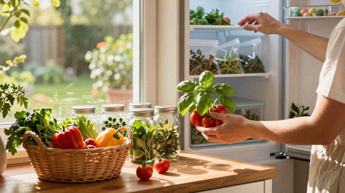 Pessoa guardando tomates com manjericão na geladeira próxima a cesta com pimentões e ervas frescas em frascos.