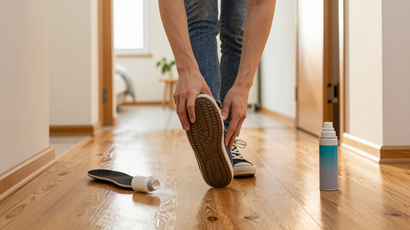 Pessoa aplicando spray em palmilha de tênis em corredor de casa com piso de madeira.