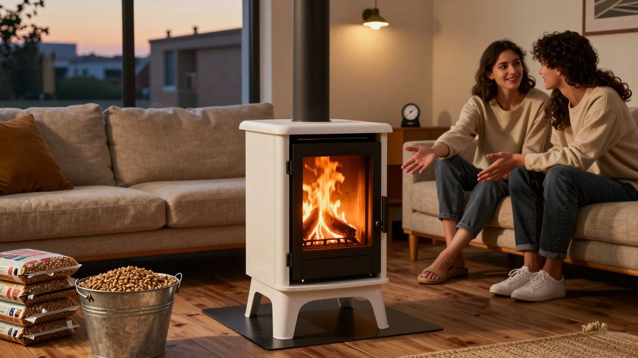 Duas mulheres conversam sentadas no sofá perto de um fogão a lenha aceso em sala aconchegante.