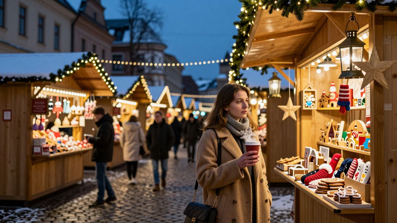 Mulher com casaco bege e cachecol observa doces em barraca iluminada em mercado natalino ao entardecer.