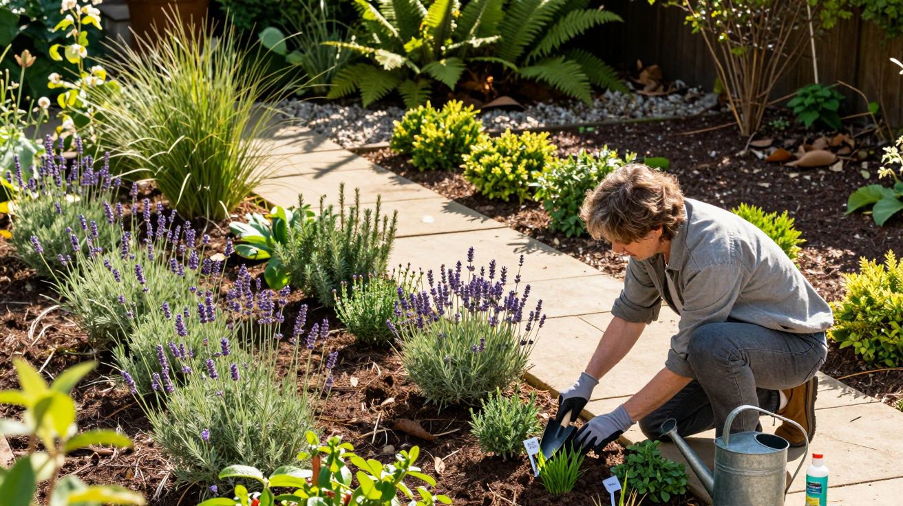 Pessoa cuidando de plantas e flores em jardim ensolarado com regador ao lado e caminho de pedras.