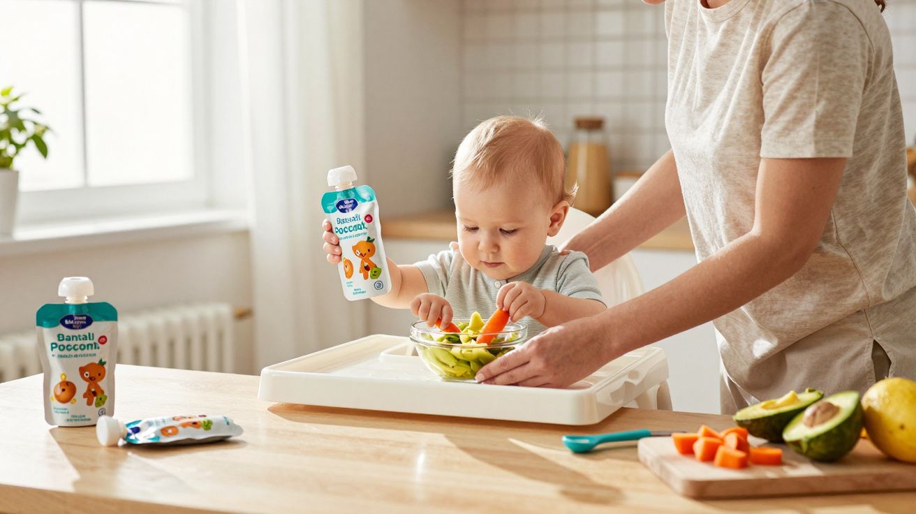 Bebê sentado em cadeirão olhando para potinho de comida saudável com mãe ajudando no almoço.