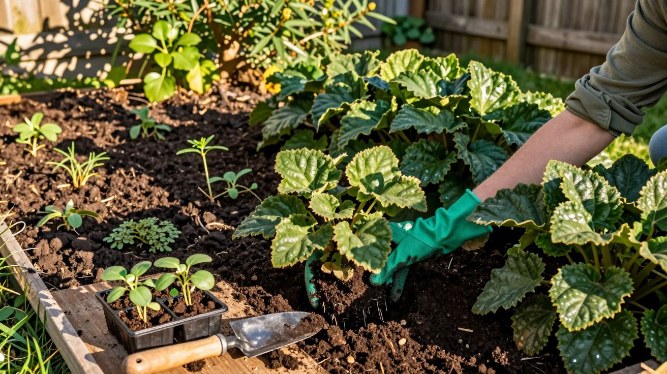 Pessoa usando luva verde transplantando muda em canteiro com plantas e ferramenta de jardinagem.