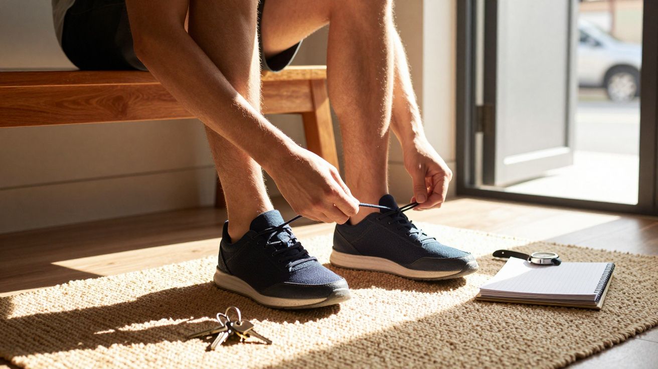 Pessoa sentada amarrando tênis azul em tapete perto de porta aberta, com chaves e caderno no chão.