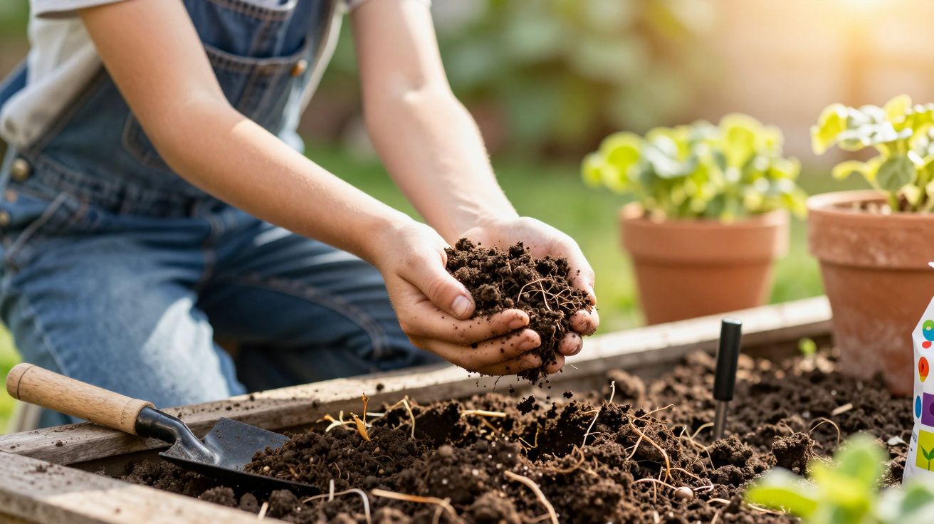 Pessoa segurando terra em um canteiro de madeira para plantar, com vasos e plantas ao fundo.