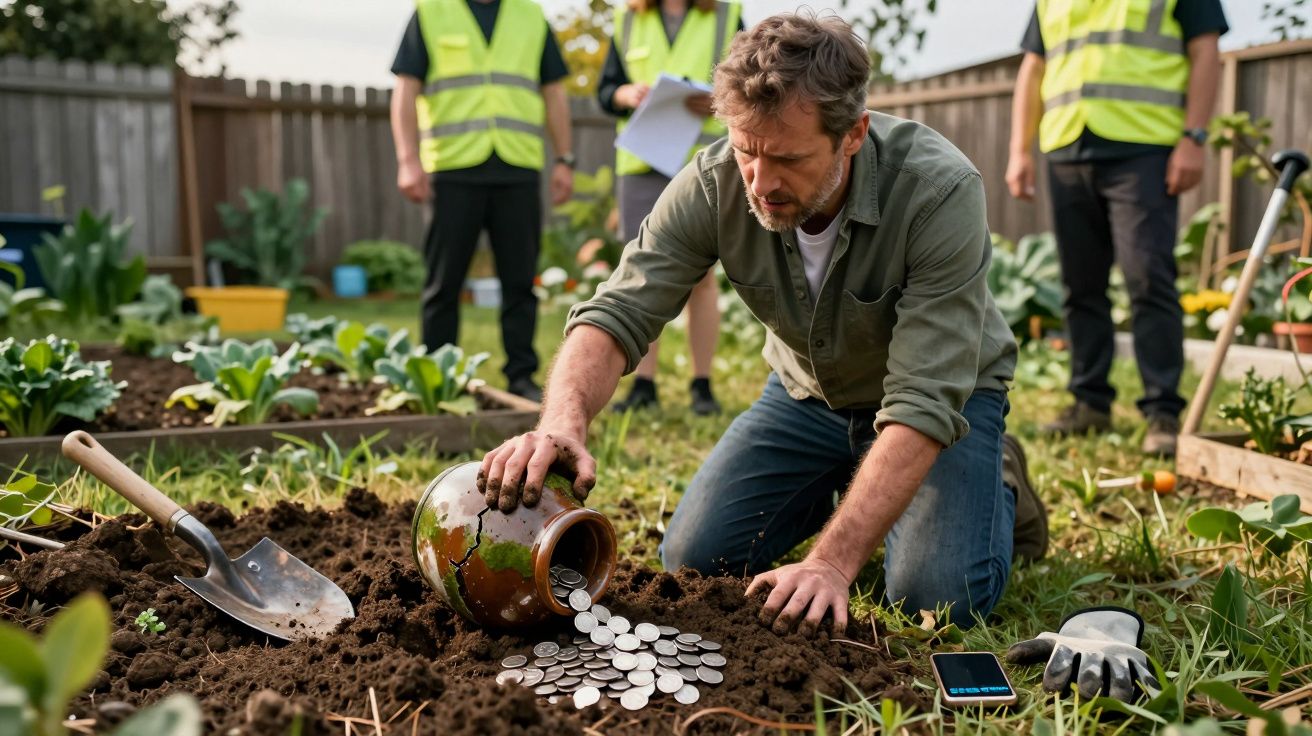 Homem planta moedas no solo de uma horta, enquanto pessoas com coletes refletem ao fundo.