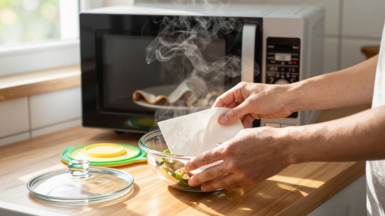 Mãos segurando toalha em tigela de vidro com vapor saindo, perto de micro-ondas na bancada da cozinha.