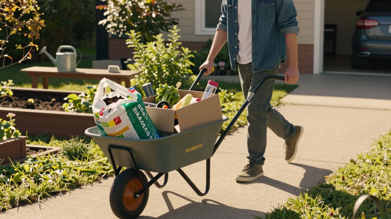 Pessoa empurrando carrinho de mão com plantas e materiais de jardinagem em caminho externo.