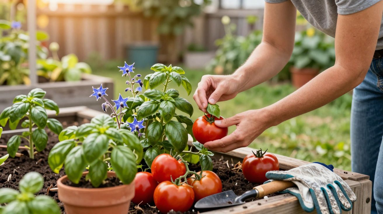 Pessoa colhendo tomates vermelhos em jardim com manjericão e flores azuis, luvas e ferramenta de jardinagem.