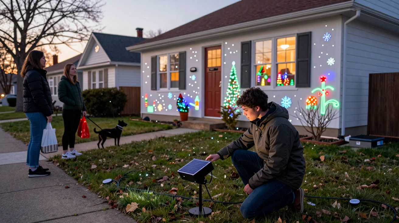 Jovem ajusta projetor de luzes natalinas no jardim enquanto duas pessoas observam com cachorro na calçada.