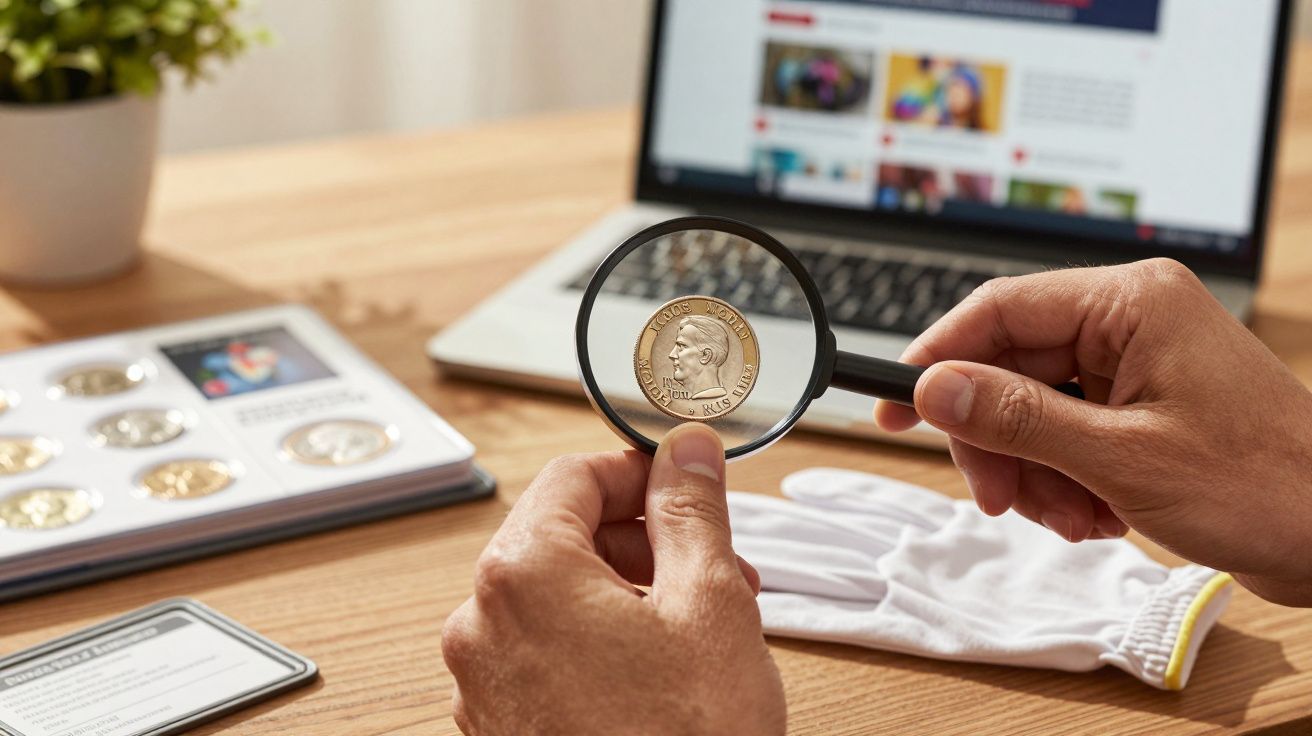 Pessoa segurando lupa para observar moeda em coleção de moedas sobre mesa de madeira.