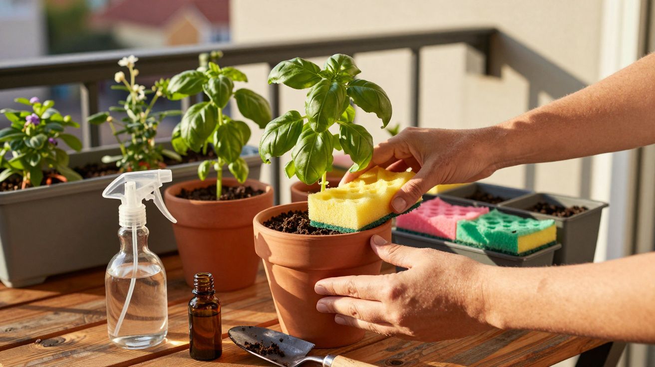 Pessoa limpando folhas de manjericão em vaso com esponja, ao lado de regador, recipiente e vasos na mesa de madeira.