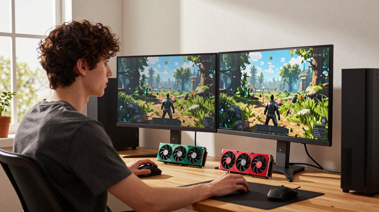 Jovem jogando videogame em computador com duas telas mostrando jogo de aventura na floresta.