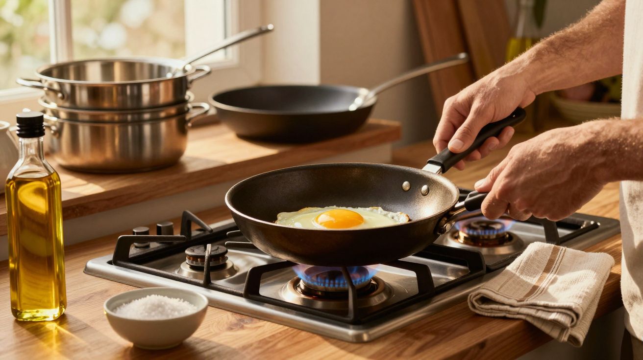Mãos virando ovo frito em frigideira sobre fogão a gás em cozinha com azeite e sal à mostra.