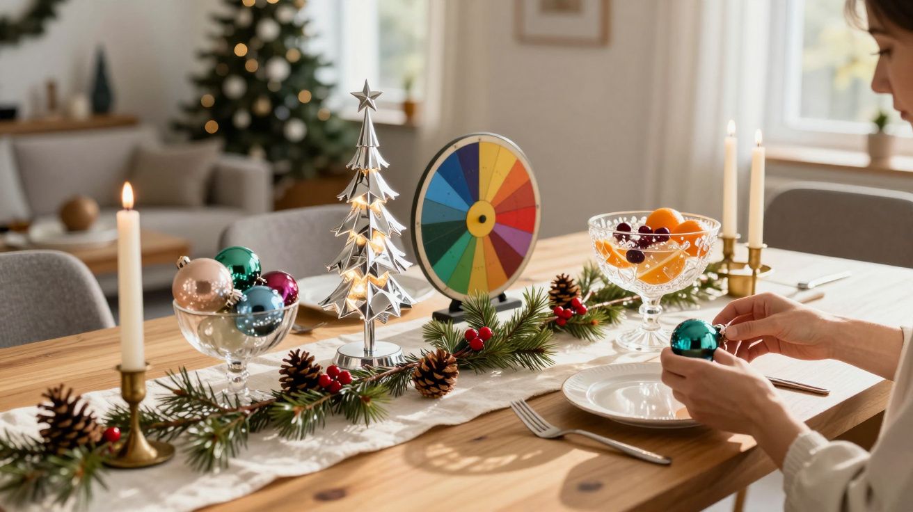 Mesa decorada com enfeites natalinos, velas acesas e frutas, pessoa segurando bola azul.