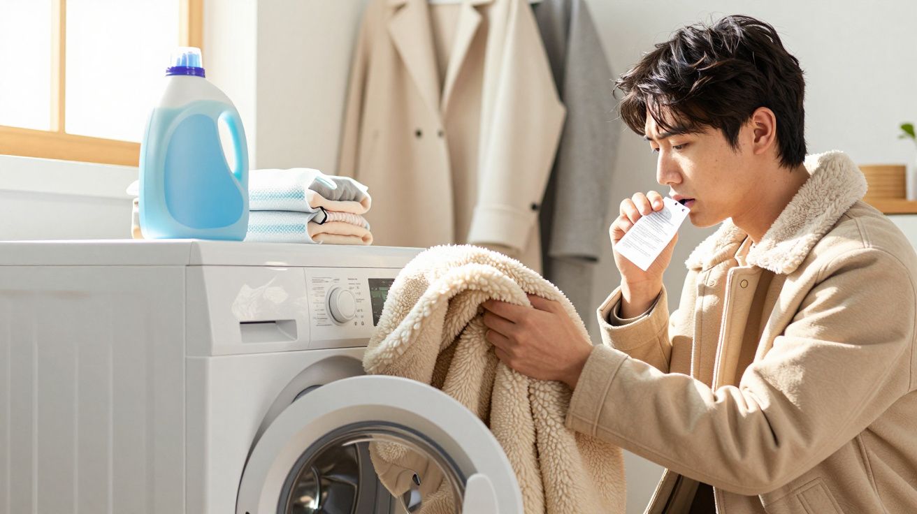 Homem lendo instruções enquanto segura casaco perto da máquina de lavar roupa.