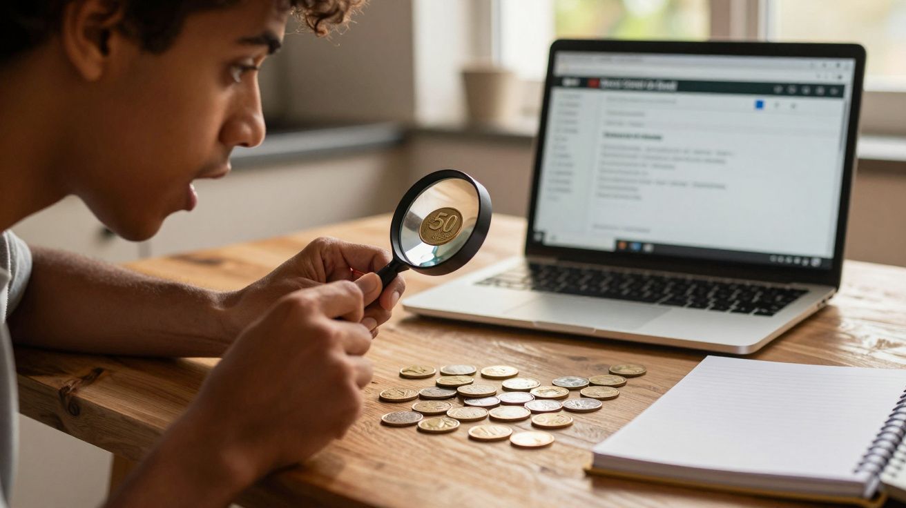 Jovem usa lupa para examinar moeda de 50 centavos em mesa com várias moedas, caderno e notebook.
